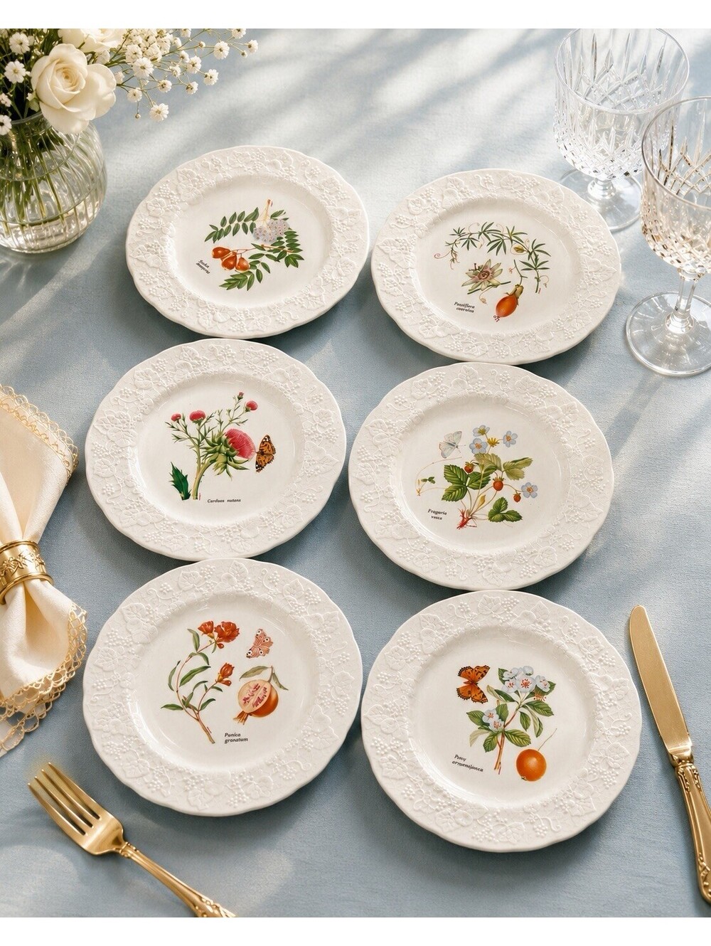 CNP France 1980s 6 Lierre Sauvage Fleur De France Porcelain Dessert Plates 6.75”